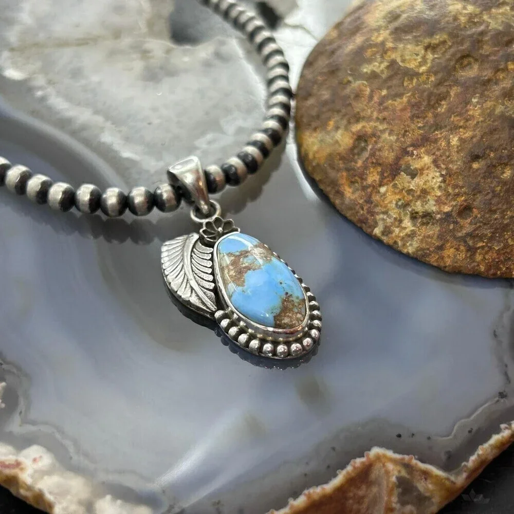 Sterling Silver Southwestern Style Golden Hill Turquoise Leaves Pendant #4